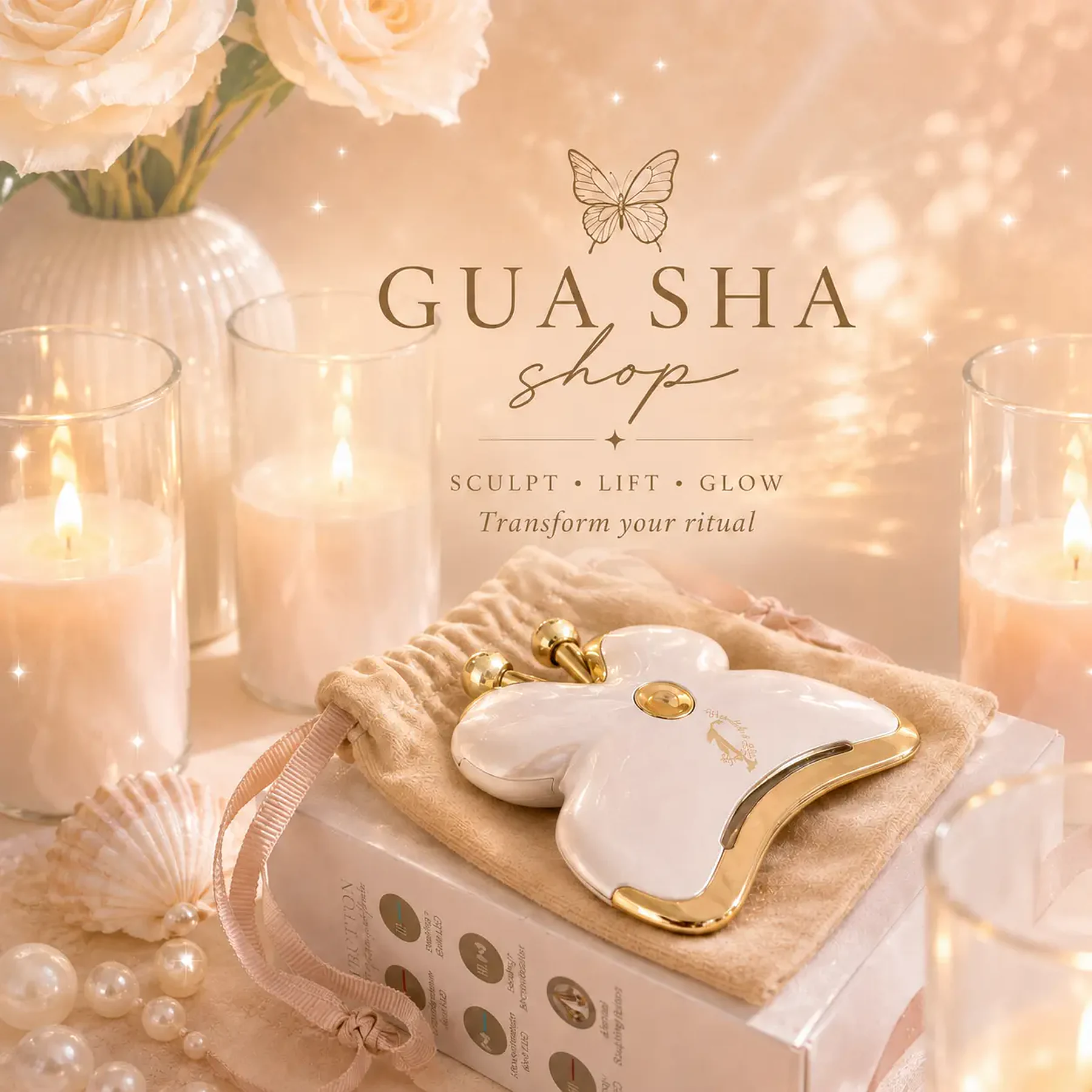 The Butterfly electric gua sha surrounded by candles, flowers and soft golden light
