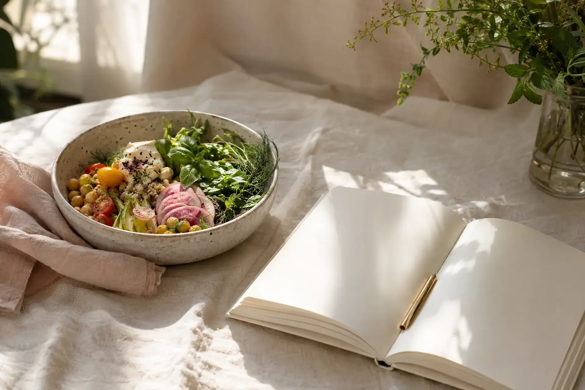 A wellness journal, fresh food and herbs in morning light