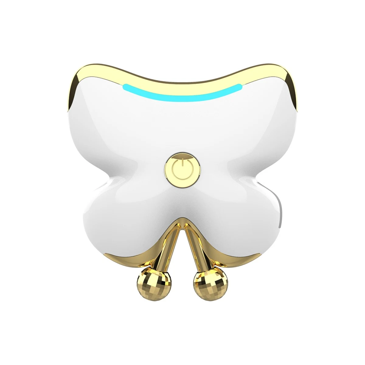 The Butterfly gua sha device with its blue LED glowing