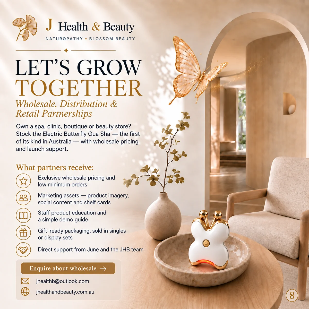 Let's grow together — Wholesale, distribution and retail partnerships: the Electric Butterfly Gua Sha on a marble tray in a sunlit room, with a golden butterfly flying in